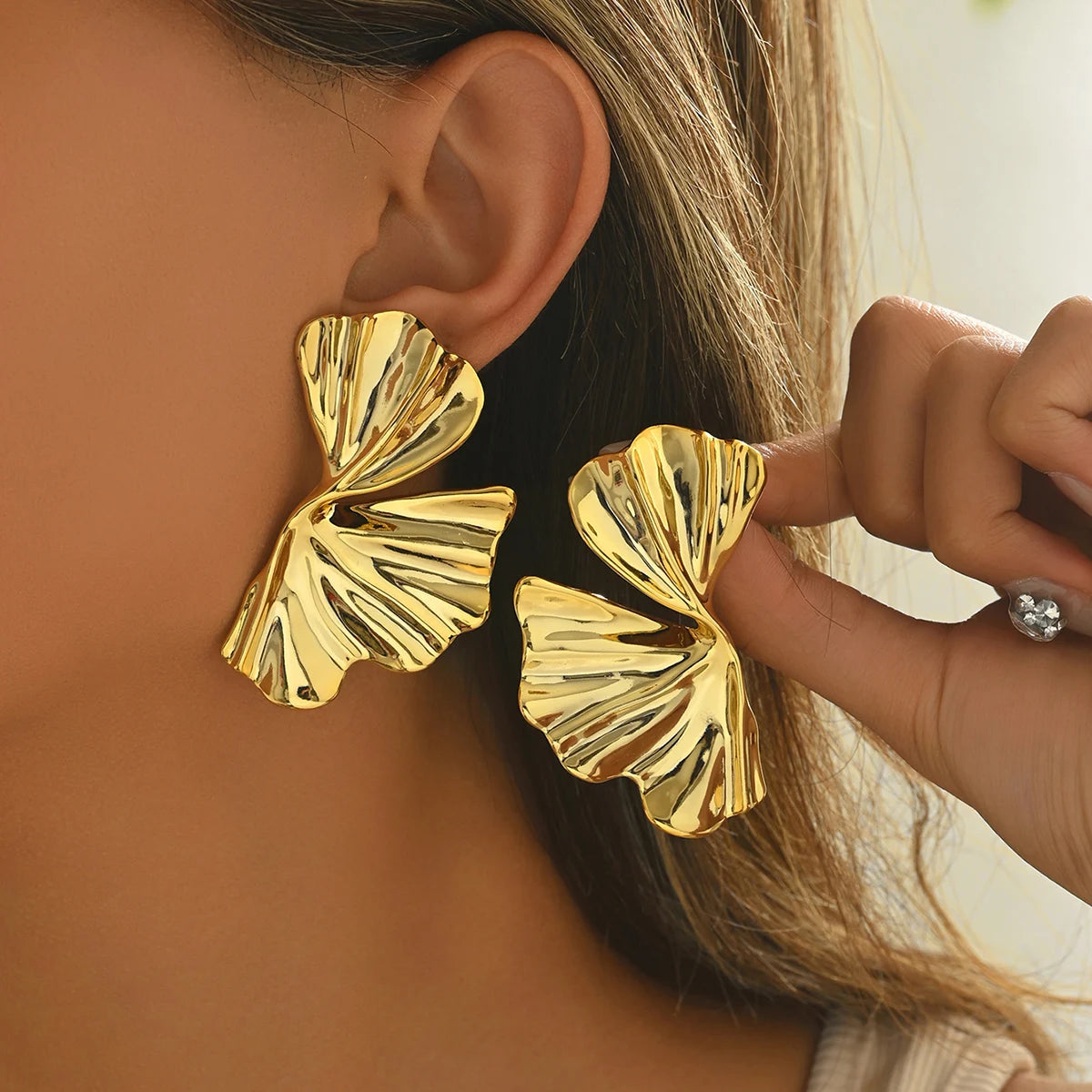 Gold Geometric Flower Stud Earrings for Women