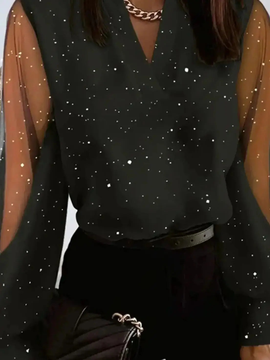 Starry Sheer Sleeve V-Neck Blouse