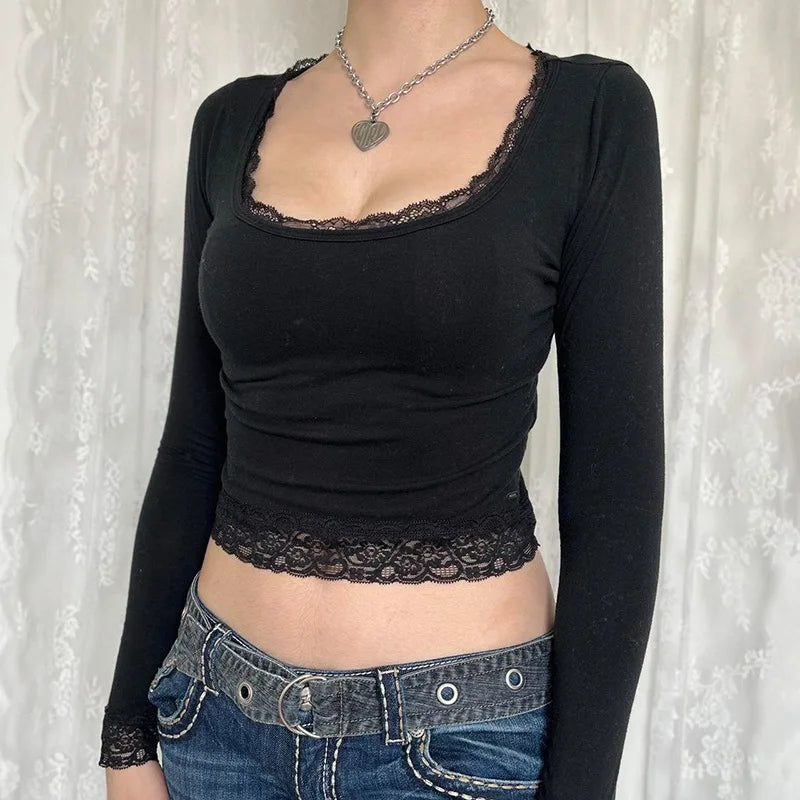 Retro 2000s Graphic Lace Top