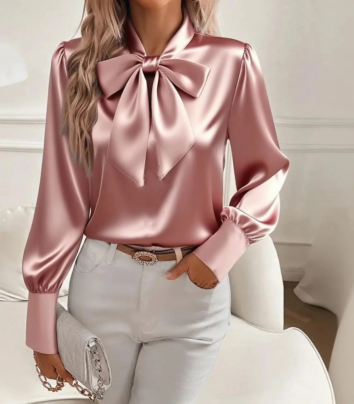 Elegant Satin Bow Tie Neck Blouse