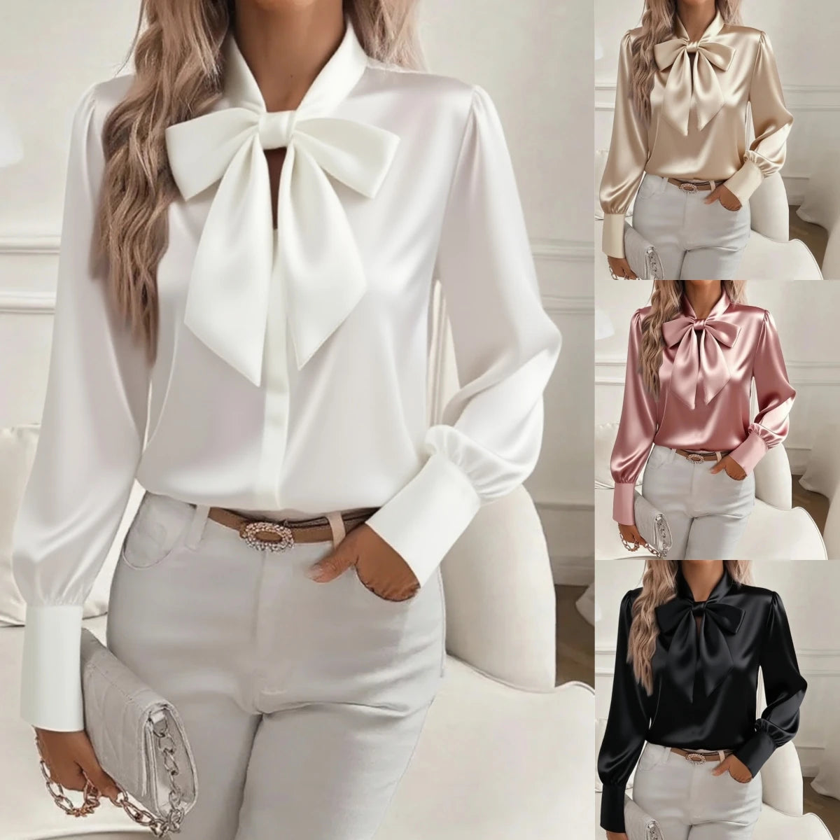 Elegant Satin Bow Tie Neck Blouse