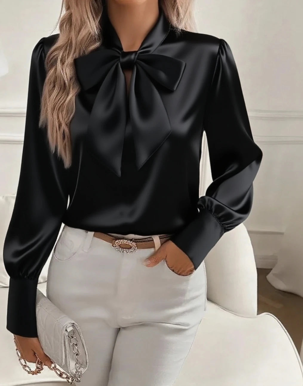 Elegant Satin Bow Tie Neck Blouse