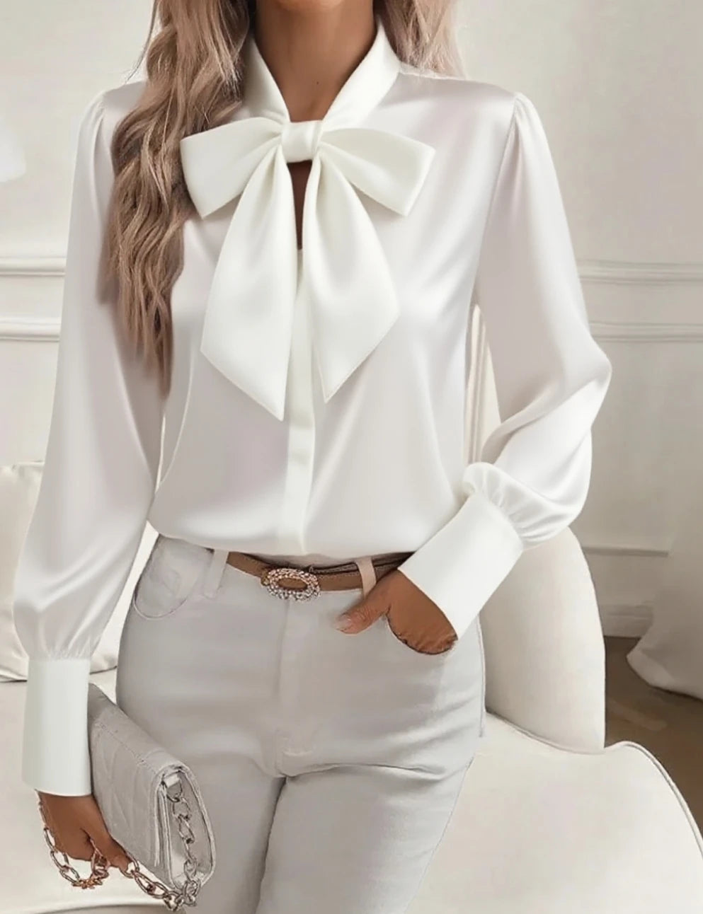 Elegant Satin Bow Tie Neck Blouse