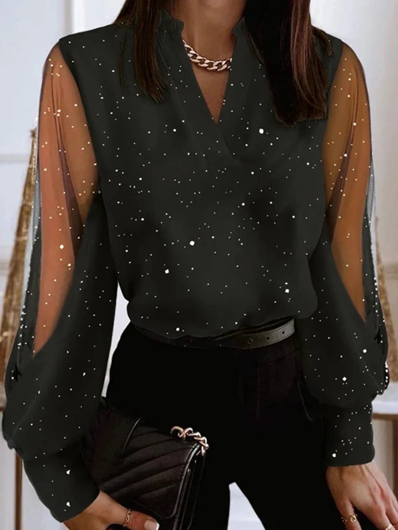 Starry Sheer Sleeve V-Neck Blouse