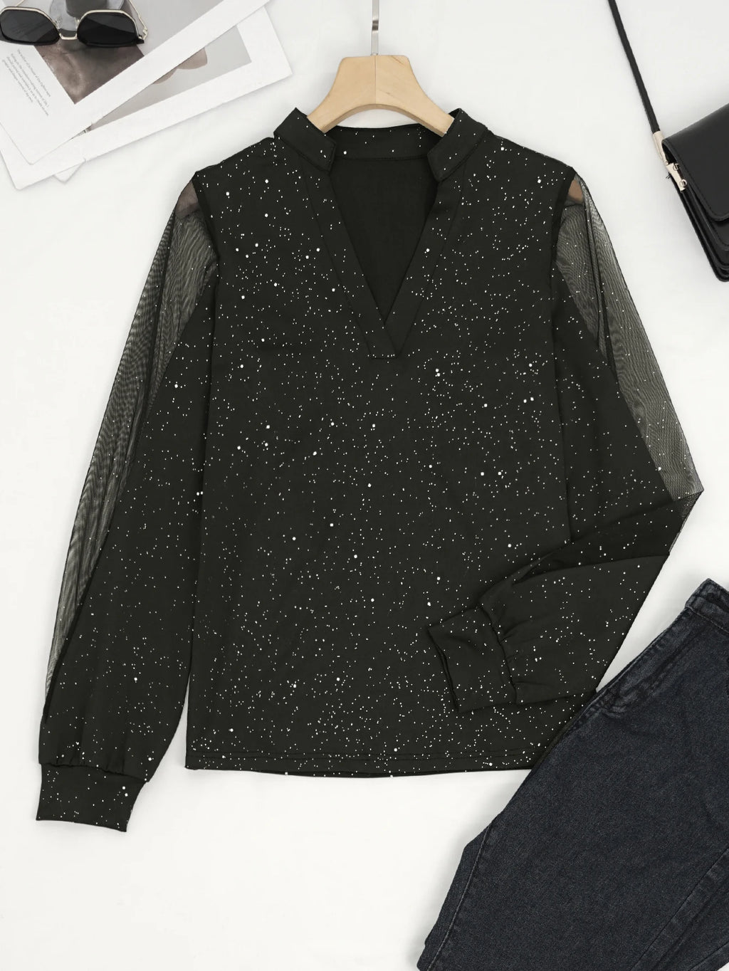Starry Sheer Sleeve V-Neck Blouse