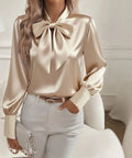 Elegant Satin Bow Tie Neck Blouse
