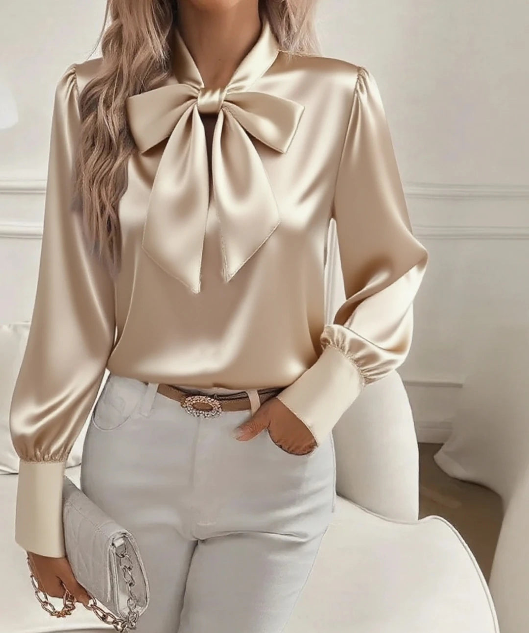 Elegant Satin Bow Tie Neck Blouse