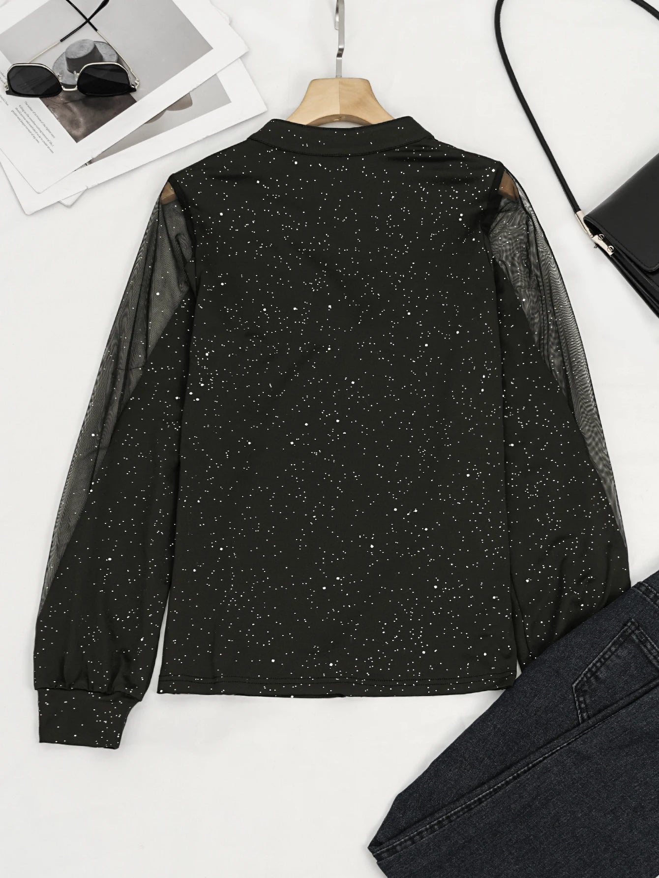 Starry Sheer Sleeve V-Neck Blouse