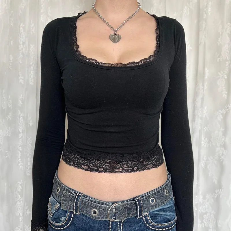 Retro 2000s Graphic Lace Top